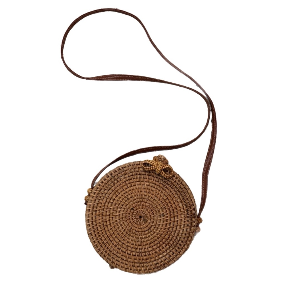 Wicker Crossbody Purse Round Brown Woven Basket Knot Closure Blue Floral Lining